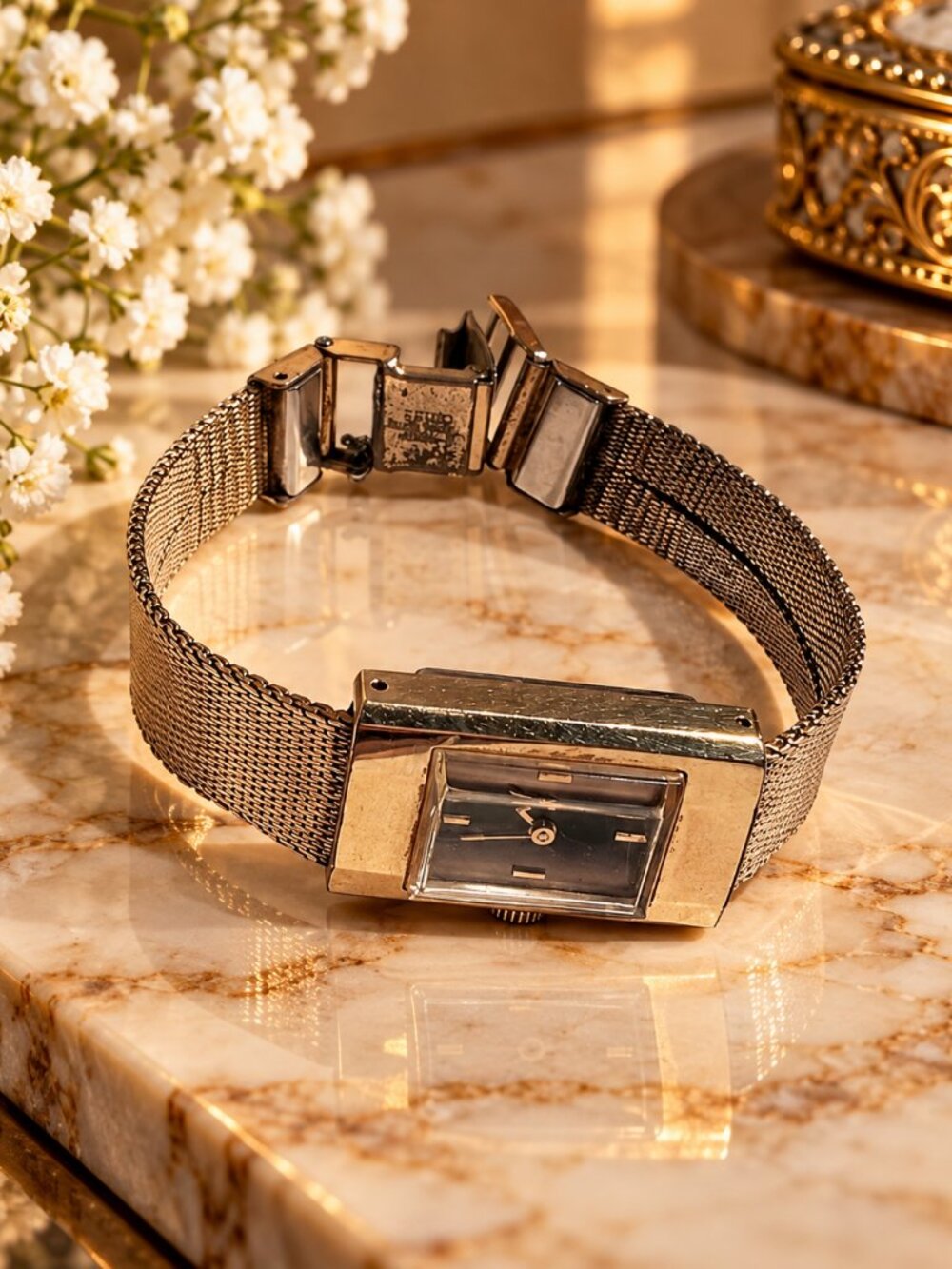 Vintage Seiko Ladies Gold Tone Rectangular Watch – Mesh Bracelet – Japan